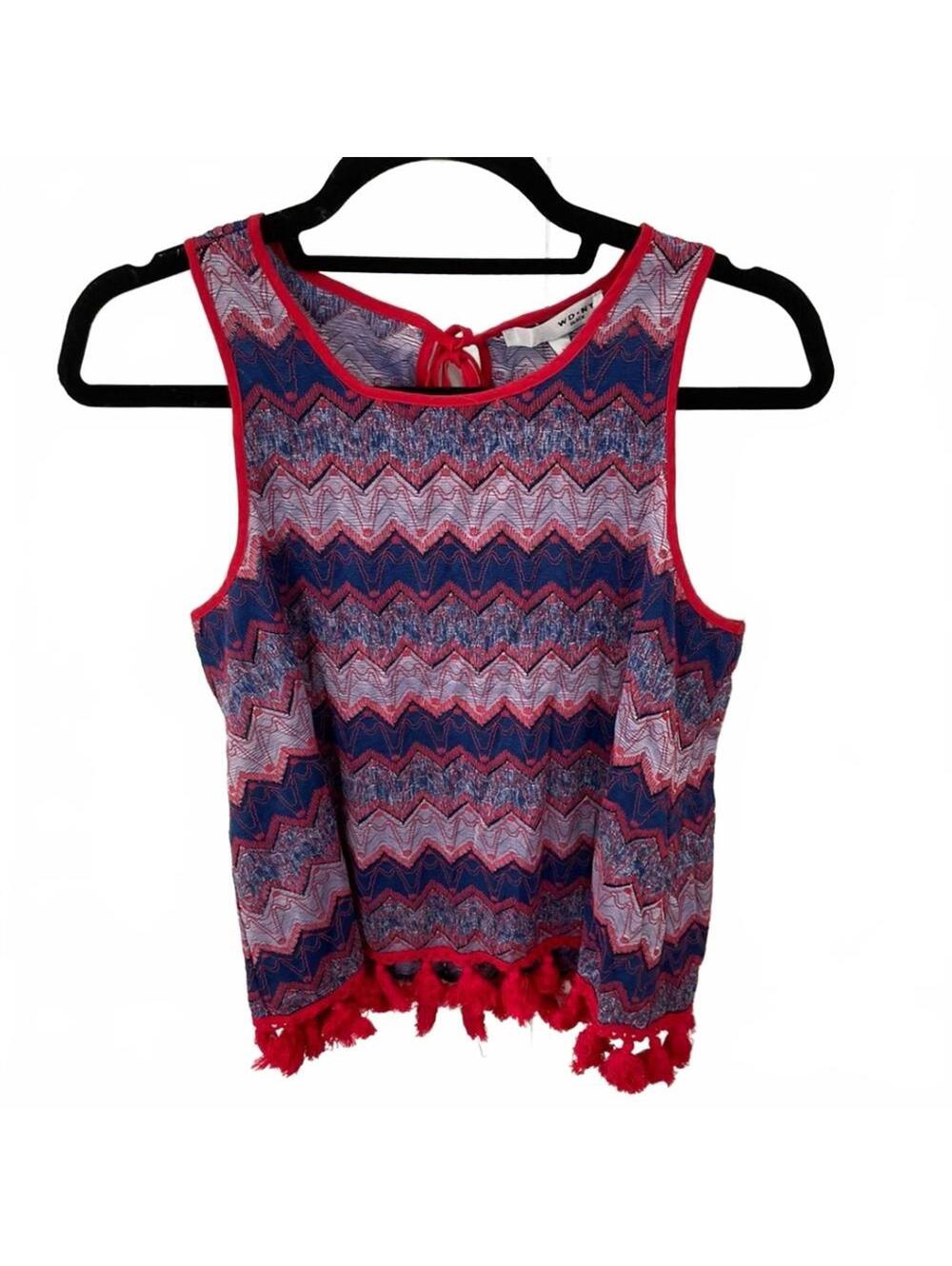 WD.NY Black Ric Rac patterned tank with tie back and tasseled bottom M